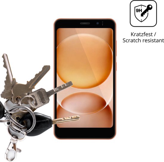 Een smartphone met oranje achtergrond, met een bosje sleutels aan de linkerkant en een "krasbestendig" icoon.