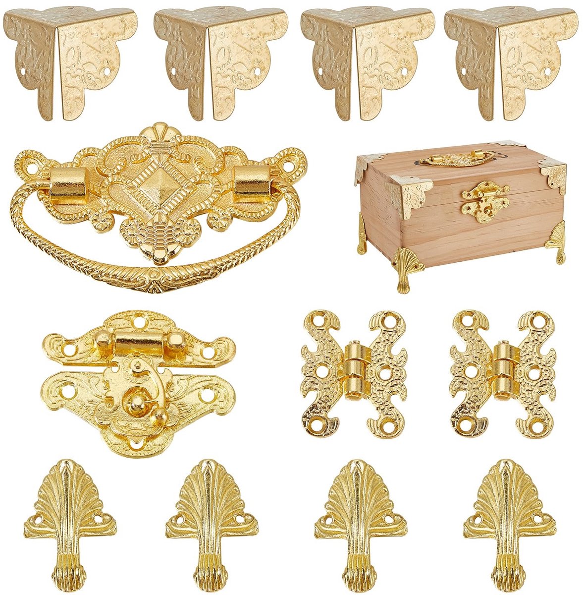 Dailygoods- Scharnieren Goud - Kleine Scharnieren - Scharnieren voor Sieradenkistje - Hoekbeschermers - Hardware-accessoires - Robuust Metaal - Hardwareset