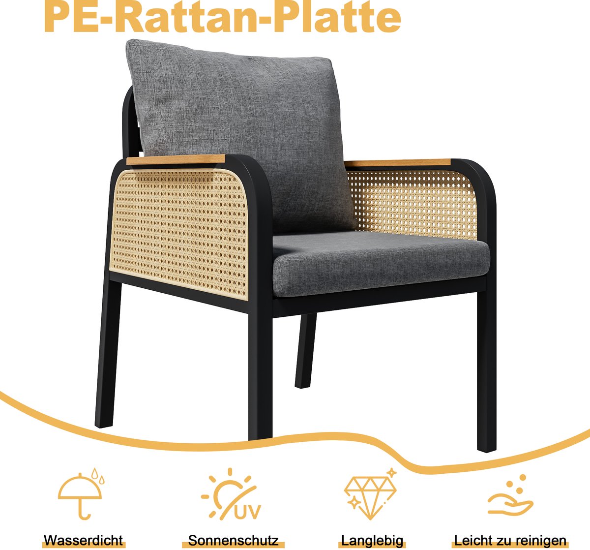 Intebiki tuinset - tuin loungeset -dining loungeset - Inclusief een eettafel en zes fauteuils - Moderne, casual buitenset - Geschikt voor terrassen, balkons en tuinen - Gemaakt van PE-rotan - Zwart – foto 8