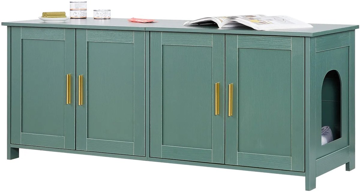 Emvae Kattenbak kast - Verborgen Kattenbakmeubel - Kattenbakbehuizing -Kattenbakmeubel met 4 Deuren - 120 x 45 x 50 cm - Groen Goud