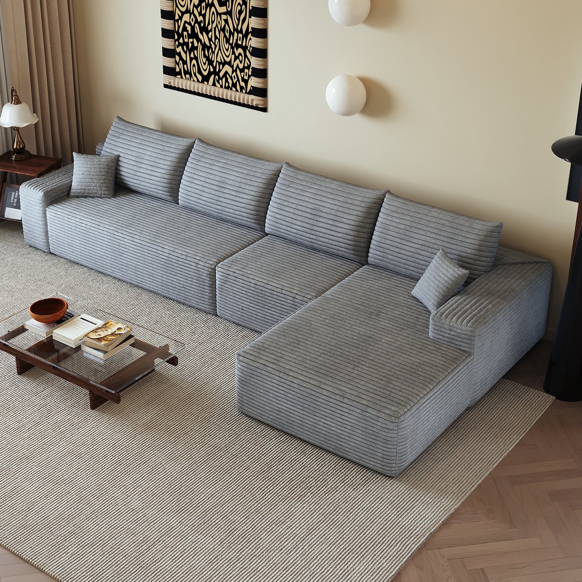 STILVORA Hoekbank 340 Cm - Modulaire 4-Zits Met L-Vormige Chaise Longue En Diepe Zit - Voor Woonkamer En Slaapkamer - Ribstof Grijs
