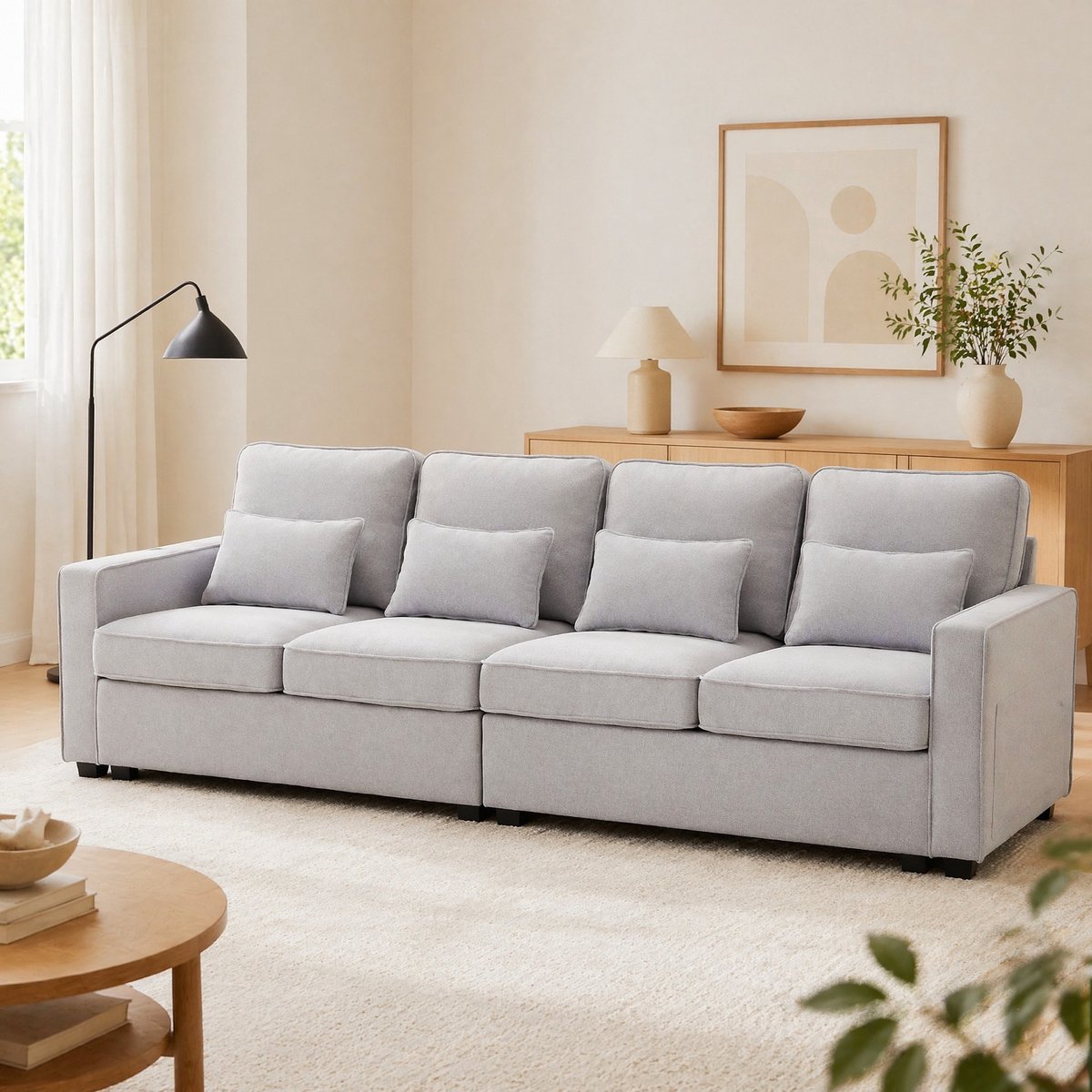 COVREO 4-zits bank 264 x 83 x 87 cm grijs linnen met armleuningvakken en 4 lendenkussens