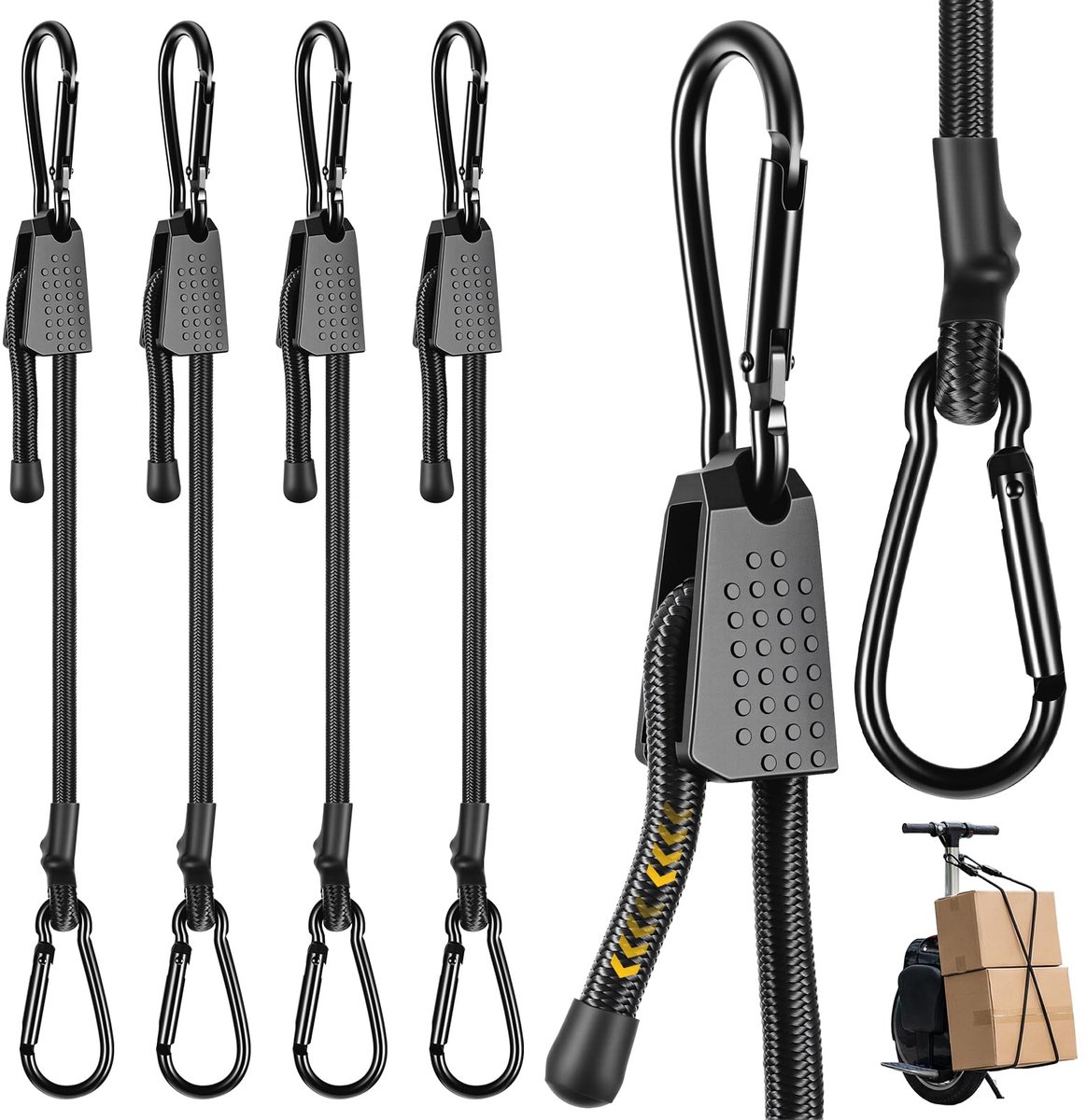 SnelShoppen - 4-pack verstelbare bungeekoorden met karabijnhaak 100 cm - Zware bungeebanden voor auto, boot, fiets, camping en buiten - Zwart latex ru