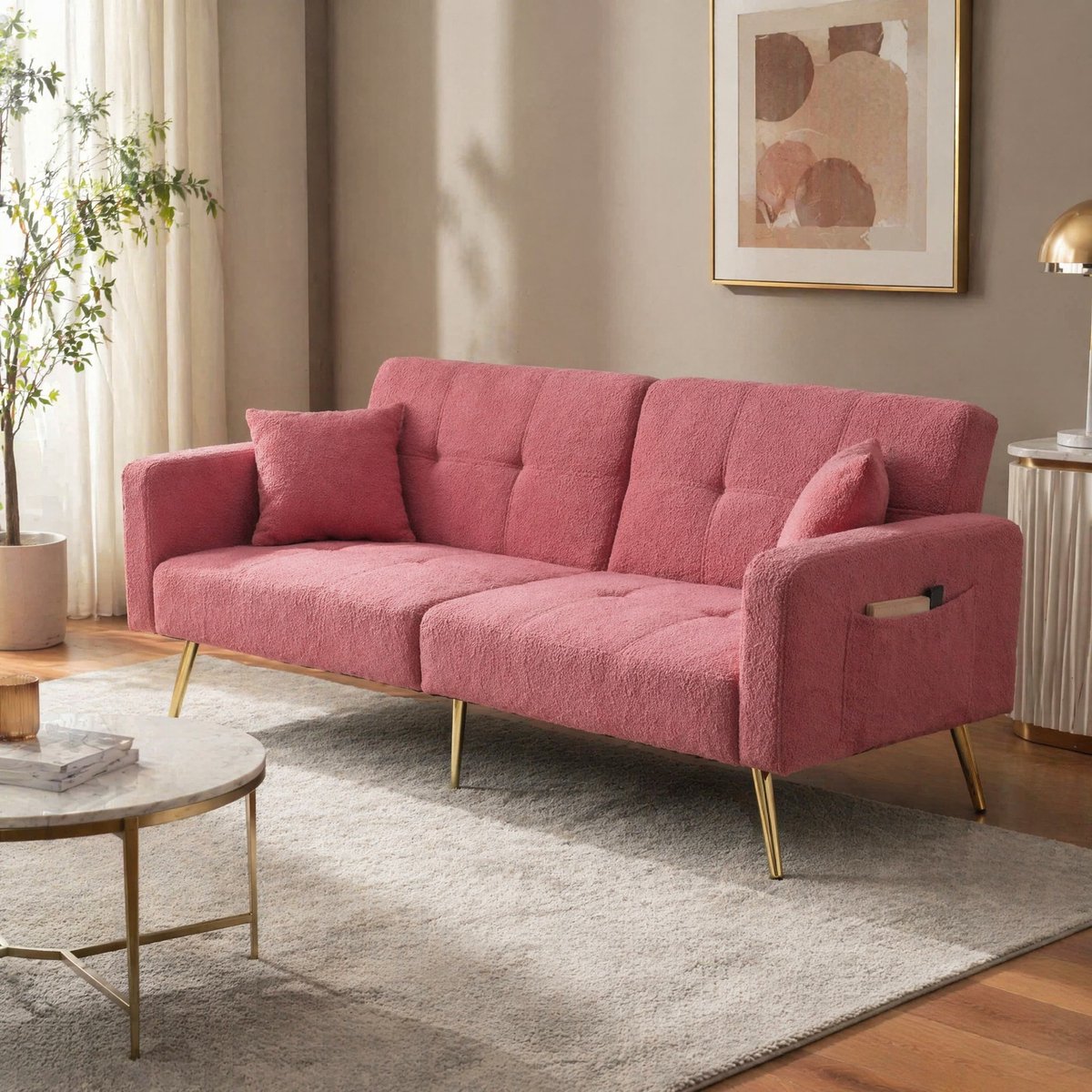 COVREO Slaapbank 175x64x72 cm - roze Sherpa-stof, verstelbare rugleuning, zijvakken