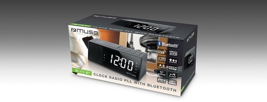 Zwarte Muse M-172 BT wekkerradio met clock radio PLL met Bluetooth op de verpakking.