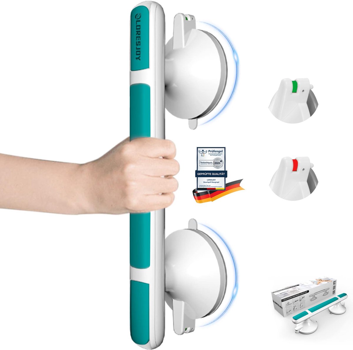 SnelShoppen - LORESJOY Badgreep met Zuignap, Badkamer Armsteun, Veiligheid Handgreep, Douche Steun met Zuignappen, Geen Gereedschap Nodig, Blauw, Voor