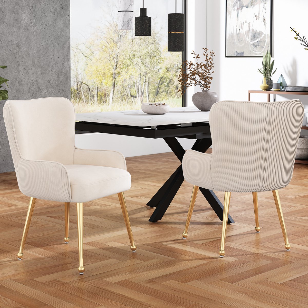 COVREO Eetkamerstoel 83x57 cm - beige velvet, metalen onderstel, armleuningen, set van 2