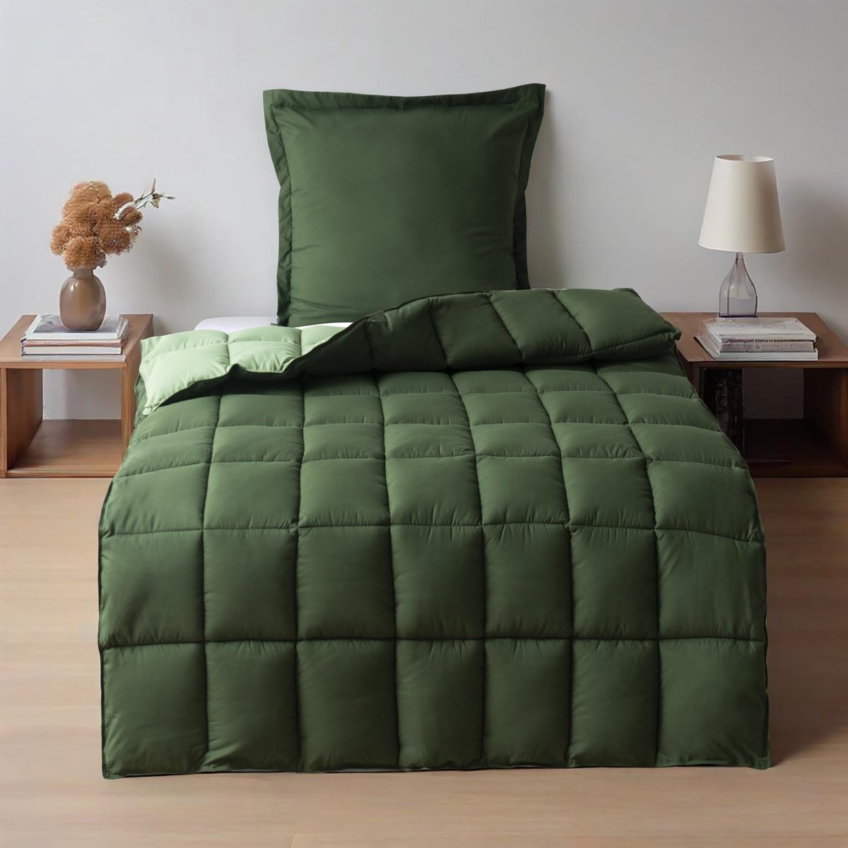 SnelShoppen - HIG Dekbed 135 x 200 cm + Kussensloop 80 x 80 cm - Oeko-TEX Gecertificeerd Groene Gestepte Deken - 1300g Donsalternatief Zacht & Pluizig