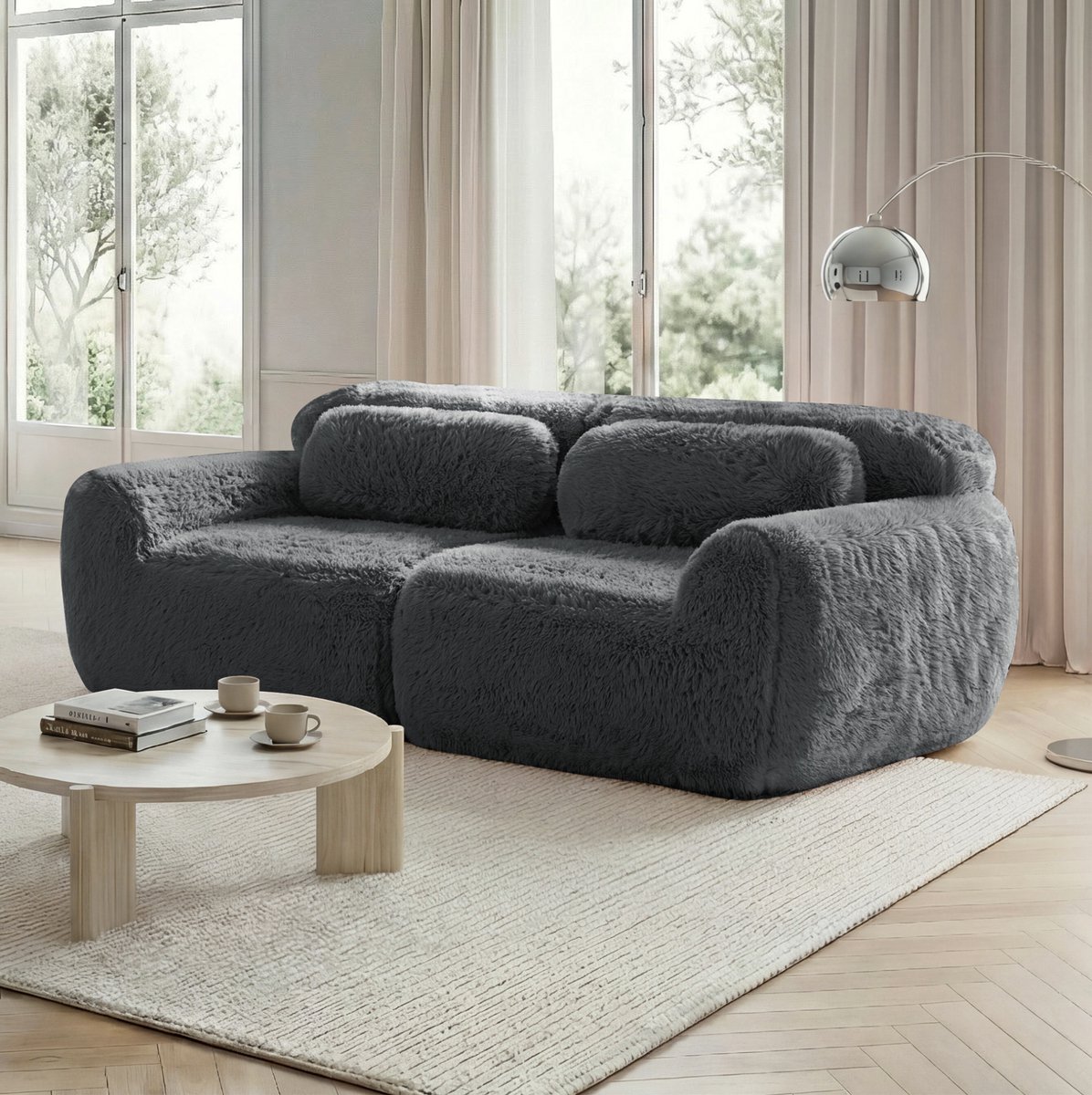 COVREO 2-zitsbank 204 x 104 x 73 cm - grijs pluche stof, modulair, met kussens
