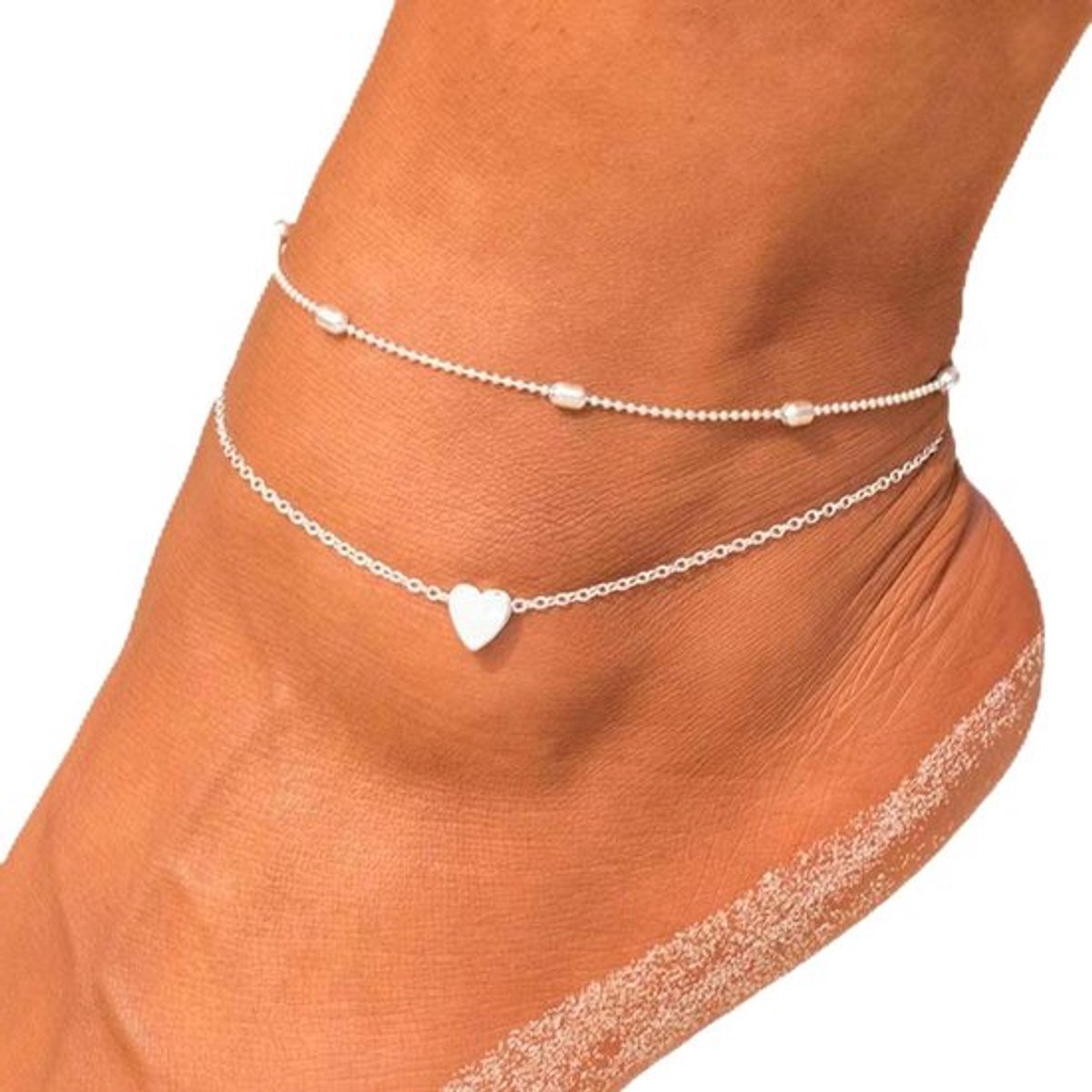 Gelaagd enkelbandje met hart hanger en strandkralen voor vrouwen en meisjes, zomer sieraden.