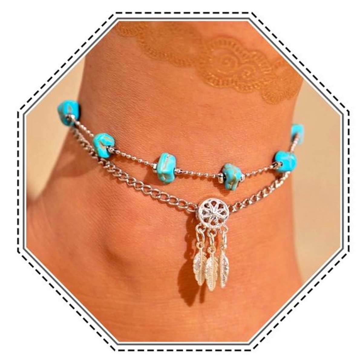 - Boho Enkelbandje - Turkoois - Dromenvanger Enkelbandje - Verstelbaar - Strandaccessoire - Sieraden voor Vrouwen - Perfect voor de Zomer