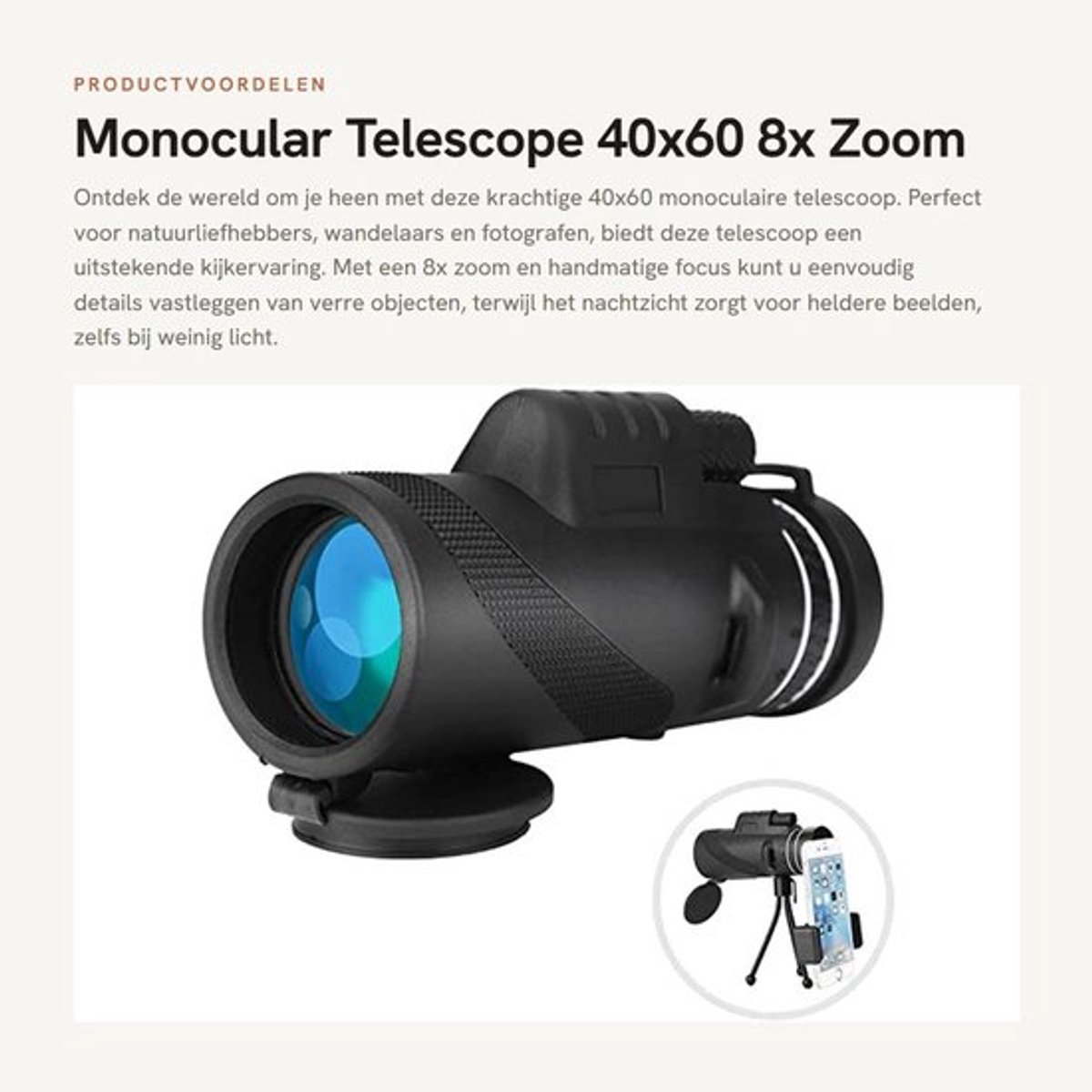 Monoculaire Telescoop 40x60 - Handmatige Scherpstelling - 8x Zoom - Nachtzicht - Brede Kijkhoek - Mini-statief - Verrekijker
