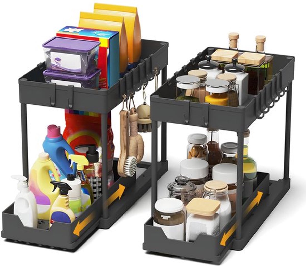 Spoelkastorganizer 2 Stuks - Uittrekbaar Opbergrek - Organizer met 16 Haken - Multifunctioneel voor Keuken/Badkamer - Verhoogde Randen