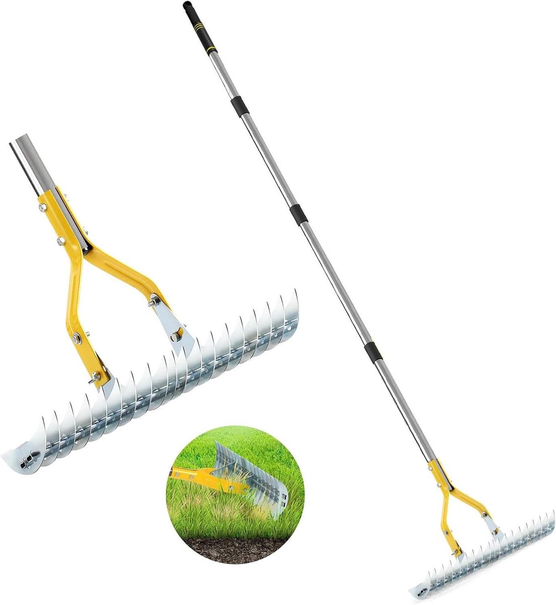 Verticuteerhark Gazonhark - Ontvilter Hark - Gazon Onderhoud - 19 Gebogen Stalen Tanden - 38 cm - Niet gespecificeerd