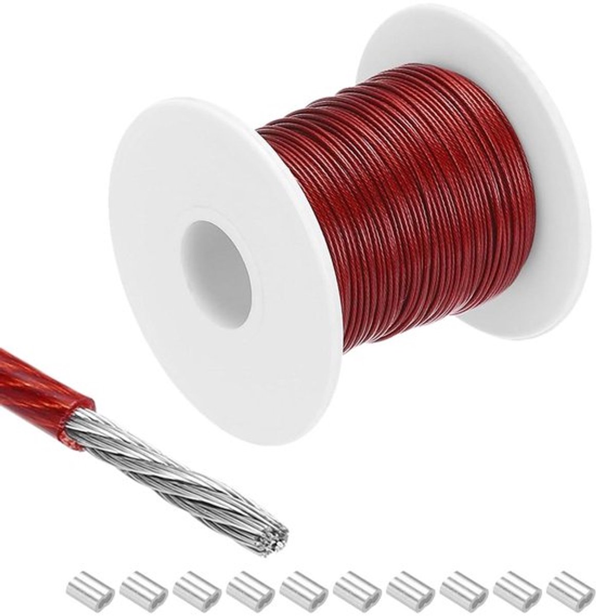 Metalen kabel 2mm - Roestvrij staal - Vinyl gecoat - Aluminium hulzen - Rood - Op te hangen - Droogrek - Optillen - 10 stuks