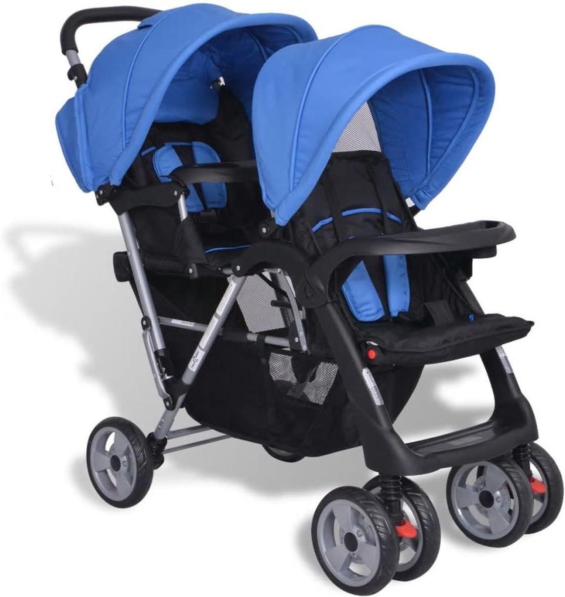 Duowagen Kinderwagen - Broers Zussen - Comfortabel Reizen - Dubbel Zonneflap - 118 x 41 x 108 cm - Blauw Zwart