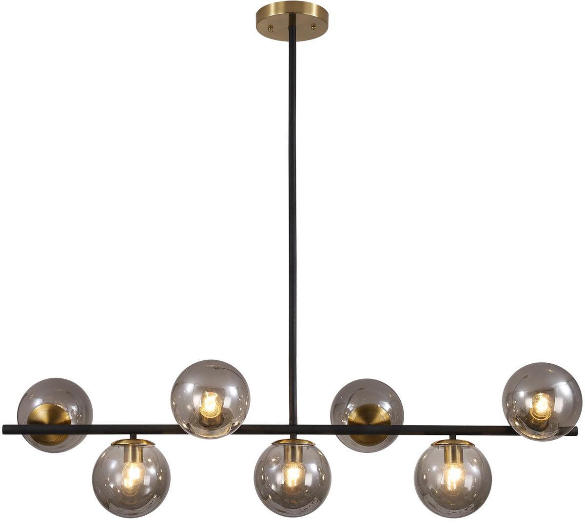 Dailygoods- Kroonluchter 7-Licht Rookglas - Verstelbare Hoogte - Lineaire Hanger - Moderne Zwart/Goud - Eetkamer - Gratis Maatwerk - Hanglamp