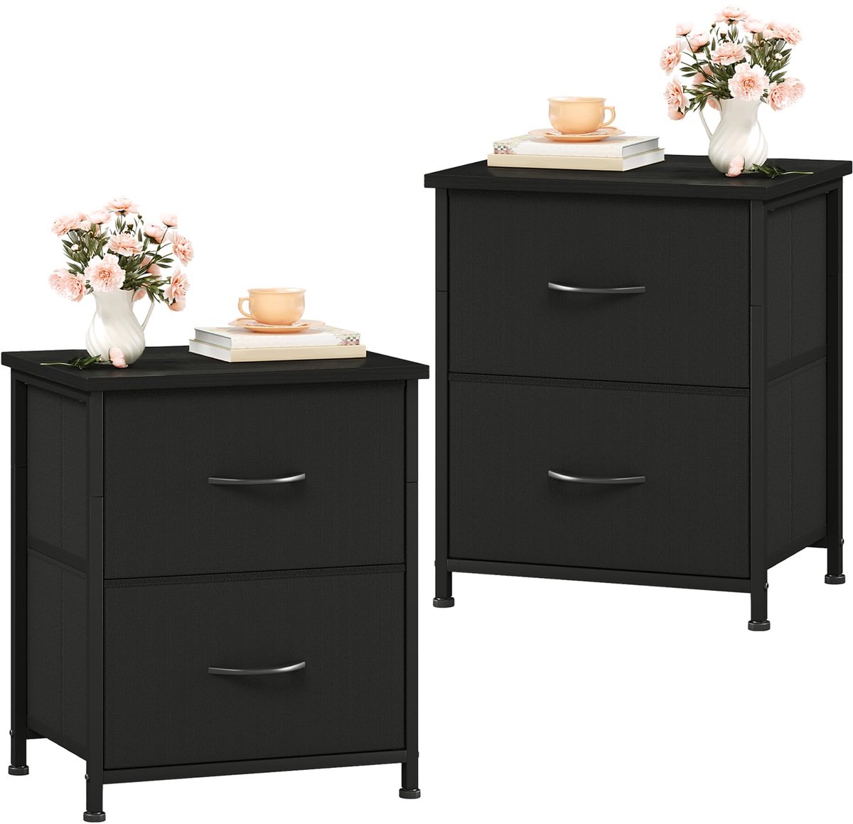 SnelShoppen - Nachtkastje met 2 Lades, Bijzettafel, Ladekast voor Slaapkamer, Woonkamer, Kinderen, Set van 2, Zwart, 30D x 42B x 50H cm