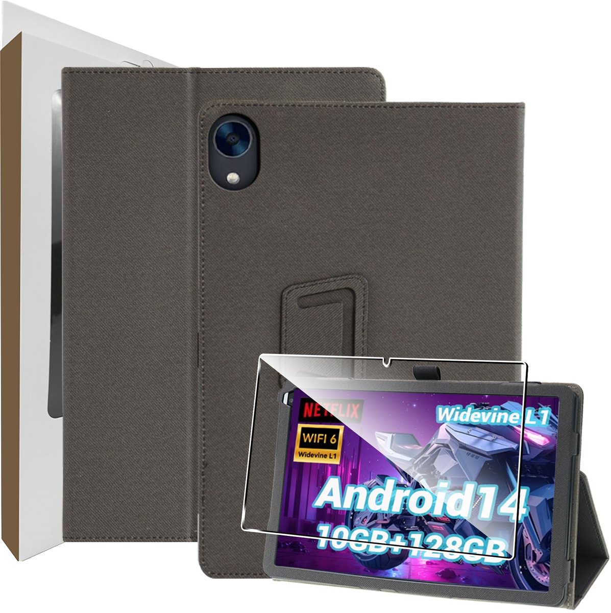 SnelShoppen - Ultradunne PU Hoes voor 10 inch Tablet, Bescherming met 9H Anti-Krasfolie, Verticale Standfunctie en Handslinger, Zwart