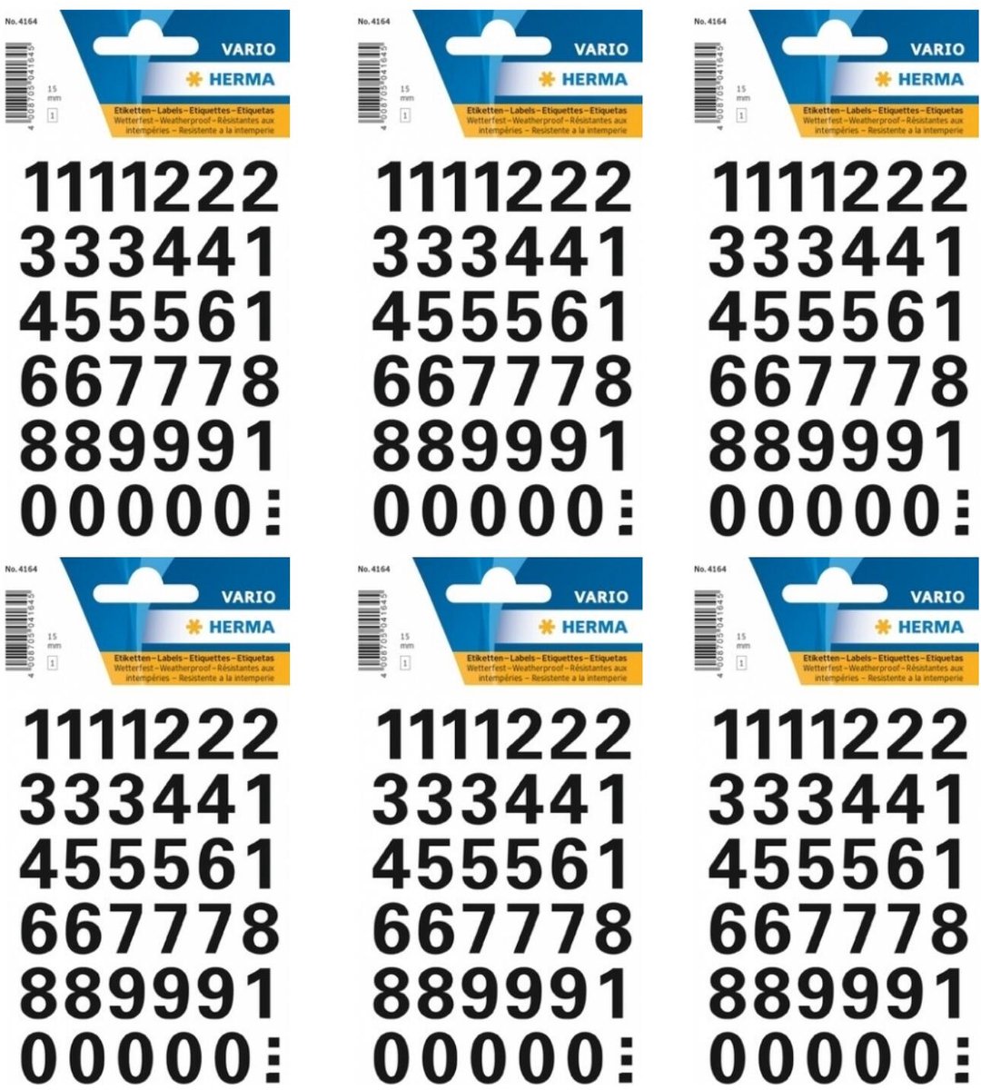 Herma Stickervel - cijfers / getallen - 0 t/m 9 - 6x vellen - zwart - 15 mm - watervast