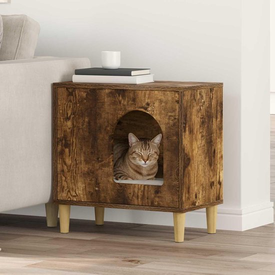 Kattenhuis Hout - Kattenkast Meubel - Dierenverblijf Binnen - Stijlvol Design - 51 x 30 x 52 cm - Rookeiken