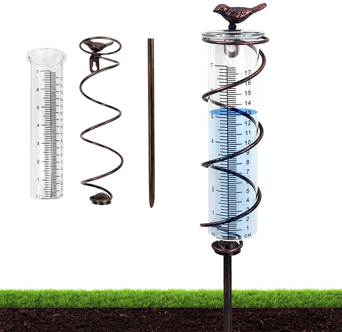 SnelShoppen - BORDEAG Regenmeter voor de tuin, vorstbestendig neerslagmeter van glas met metalen frame, gietijzeren vogel voor decoratieve buitenverli
