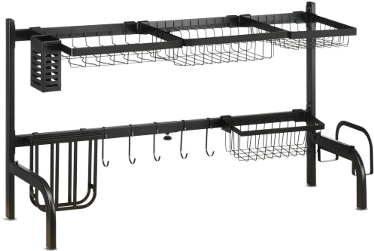 Zwart stalen vaatdroogrek - twee lagen 51-93cm verstelbaar met haken en opvangbak ruimtebesparend keukenrek voor borden en bestek