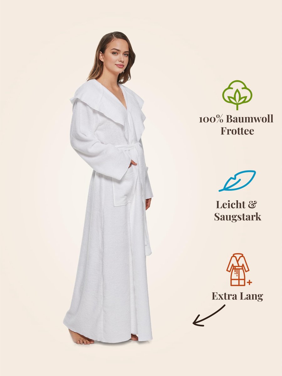 SnelShoppen - Badjas Dames 100% Katoen Badstof (340 g/m²) met Capuchon – Extra Lang, XL, Wit voor Thuis, Wellness, en Relaxmomenten