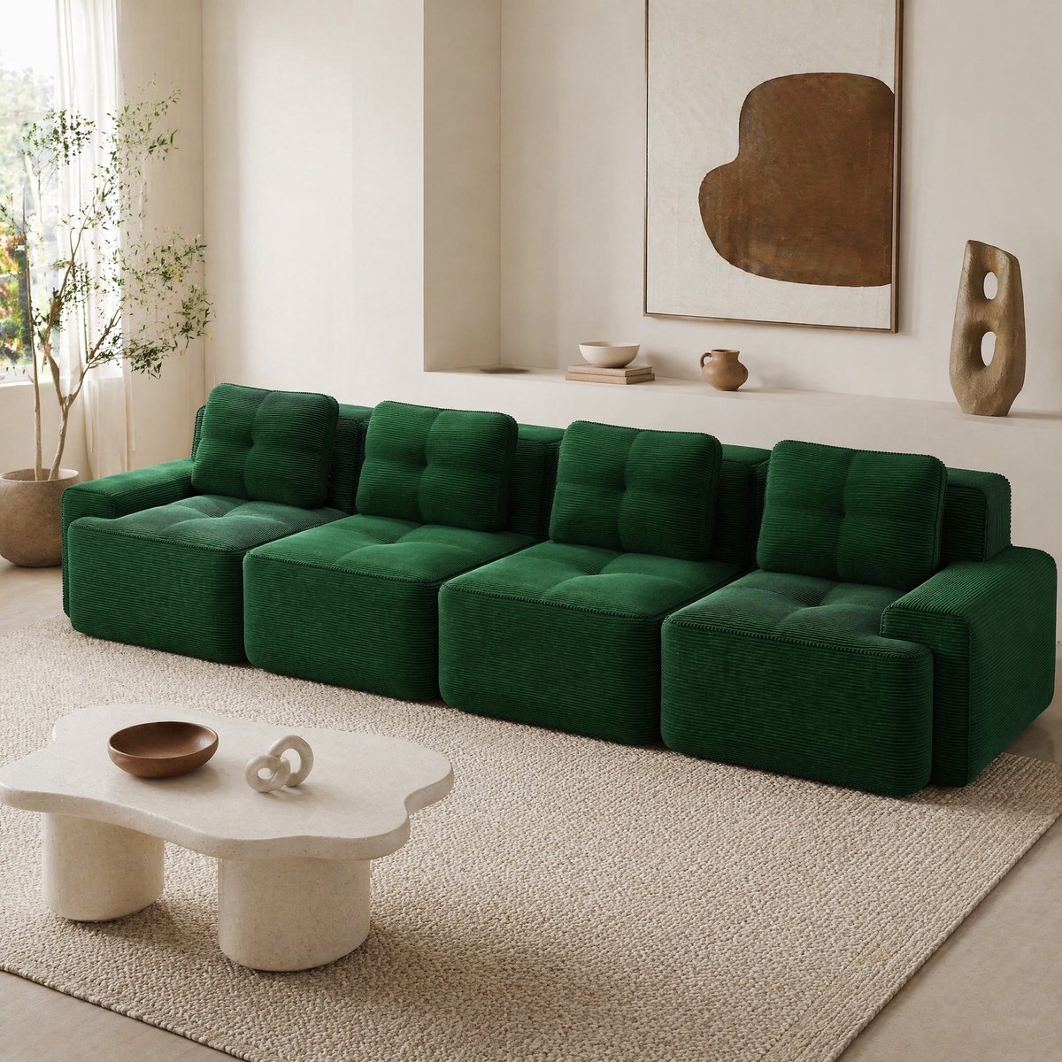 COVREO modulaire bank 382 x 104 x 69 cm groen corduroy 4-zits zonder montage