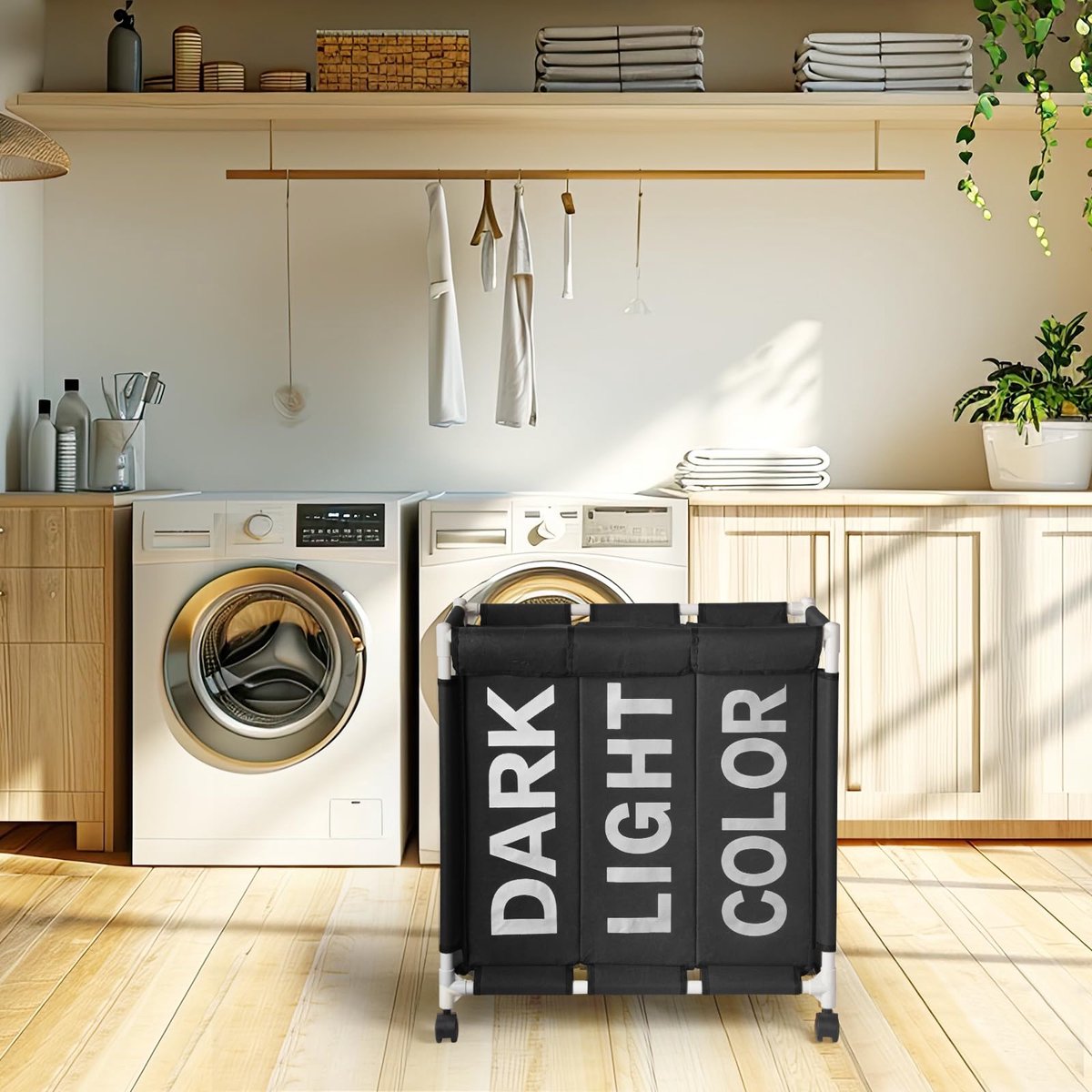 SnelShoppen - Wasmand 90L met 3 Compartimenten - Opvouwbare Wasmand met Verwijderbare Wielen - Sterke Oxford Stof - Zwart - Perfect voor Vuile Kleding
