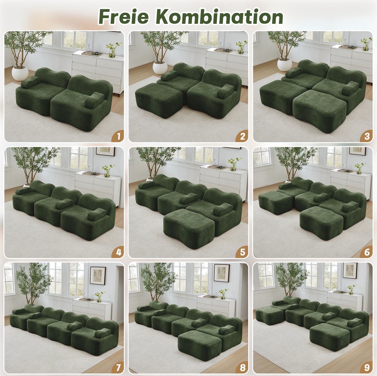 COVREO 4-zits U-bank modulair 384 x 167 x 70 cm - groen velvet, 2 ottomans
