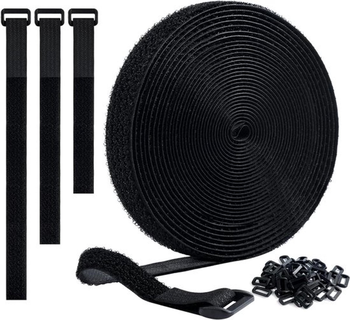 Verstelbare kabelriemen 10 m - Zelfklevende tape - Draad- en kabelorganizer - Thuis en kantoor - Herbruikbaar - 50 gespen - 20 mm breed (zwart)