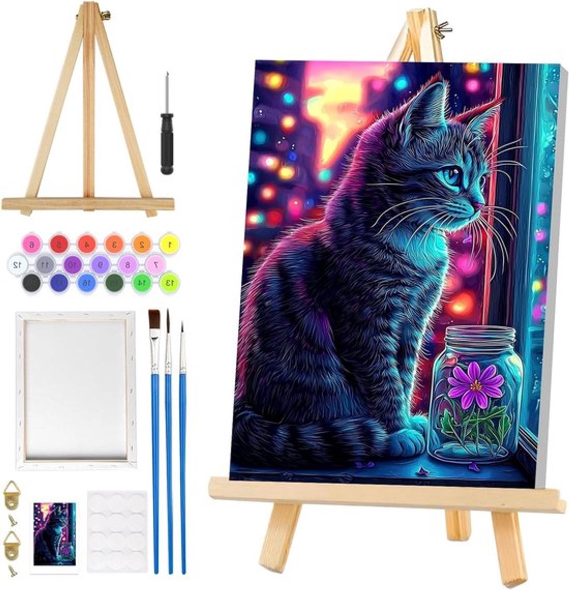 Kat verf op nummer DIY schilderij kit voor volwassenen - bloemen - met frame - ezel - huisdecoratie - 20 x 30 cm