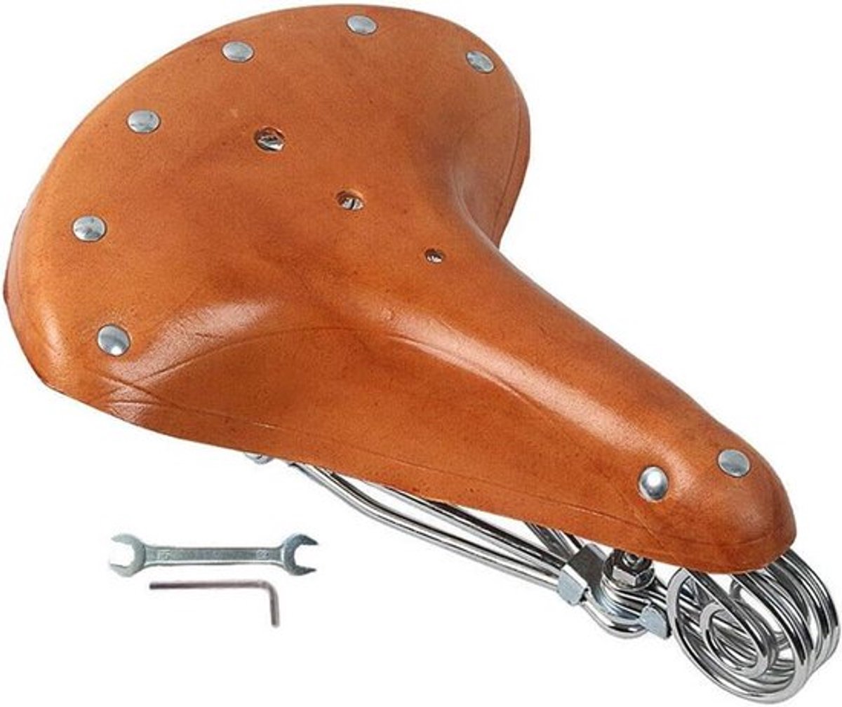 Vintage klassiek fietszadel van koeienhuid met veren voor mountainbike