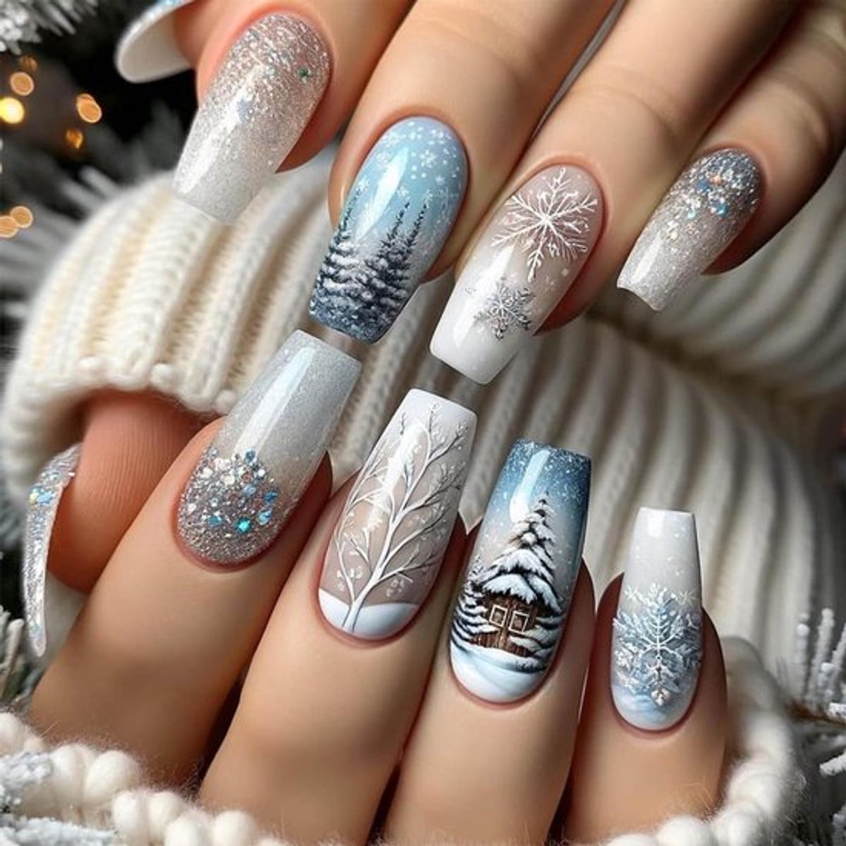 24 stuks kerstnagels om op te drukken, vierkante kunstnagels met sneeuwvlokken en winterlandschap, manicure kunst voor vrouwen.