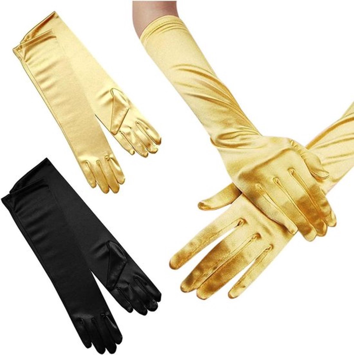 Lange dameshandschoenen in zwart satijn voor bruiloft en avond. Iconische 1920's stijl met accessoires voor dans en kostuum. Classic lange handschoenen.