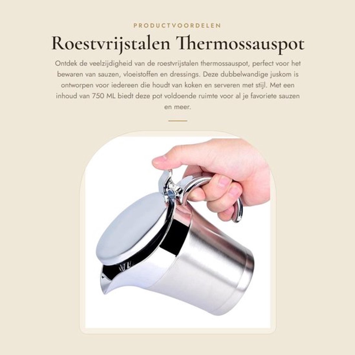 Thermossauspot 750 ML - Dubbelwandige Geïsoleerde Juskom - Roestvrij Stalen Serveerpan - Antidruppel Giettuit - Duurzaam Keukenaccessoire - Serveerkan