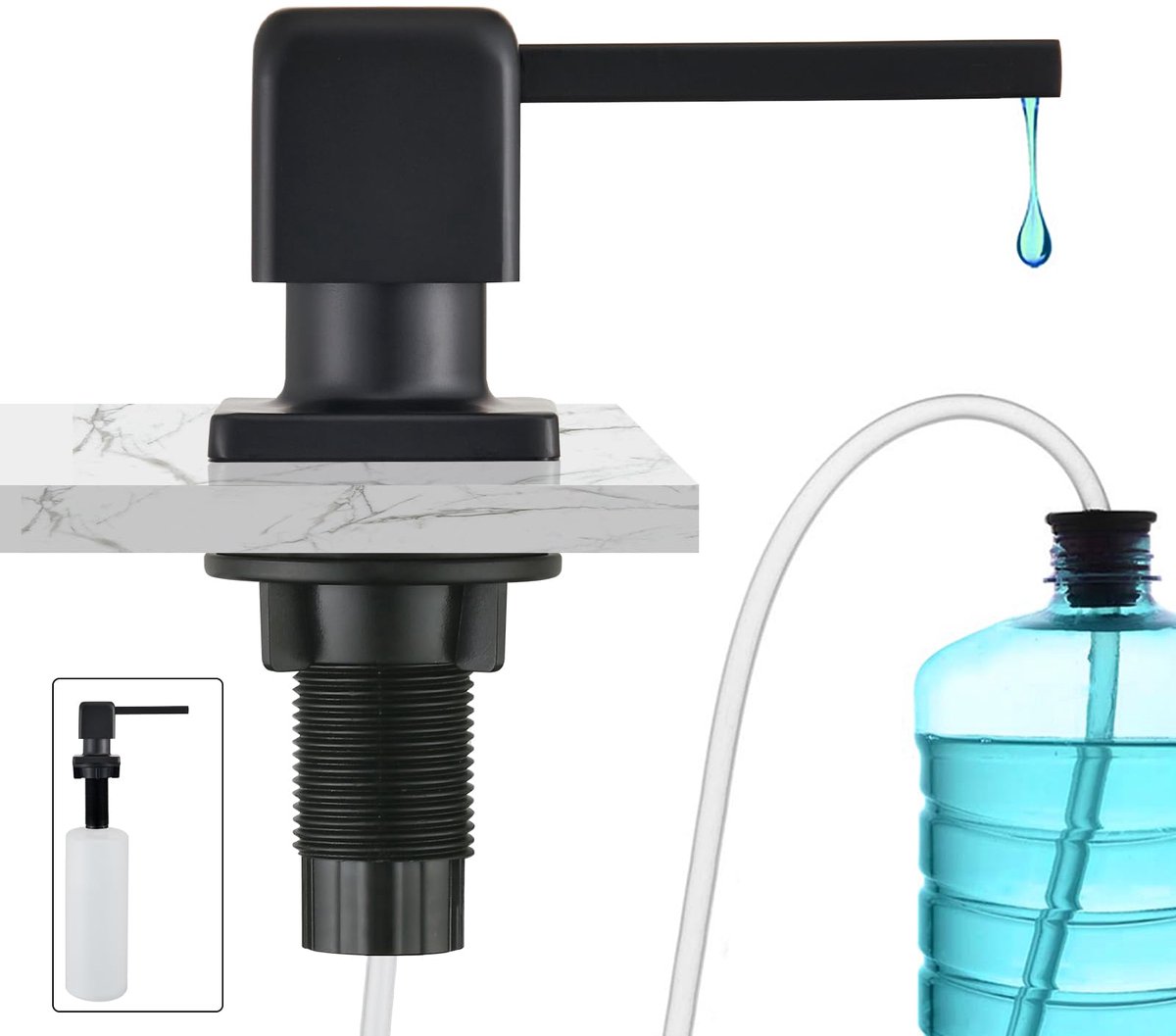 SnelShoppen - Afwasmiddeldispenser Keuken Inbouw, Zeepdispenser voor Spoelbak met 500ML Fles, 1,0 m Verlengslang, Mat Zwart - Ideaal voor Huishoudens,