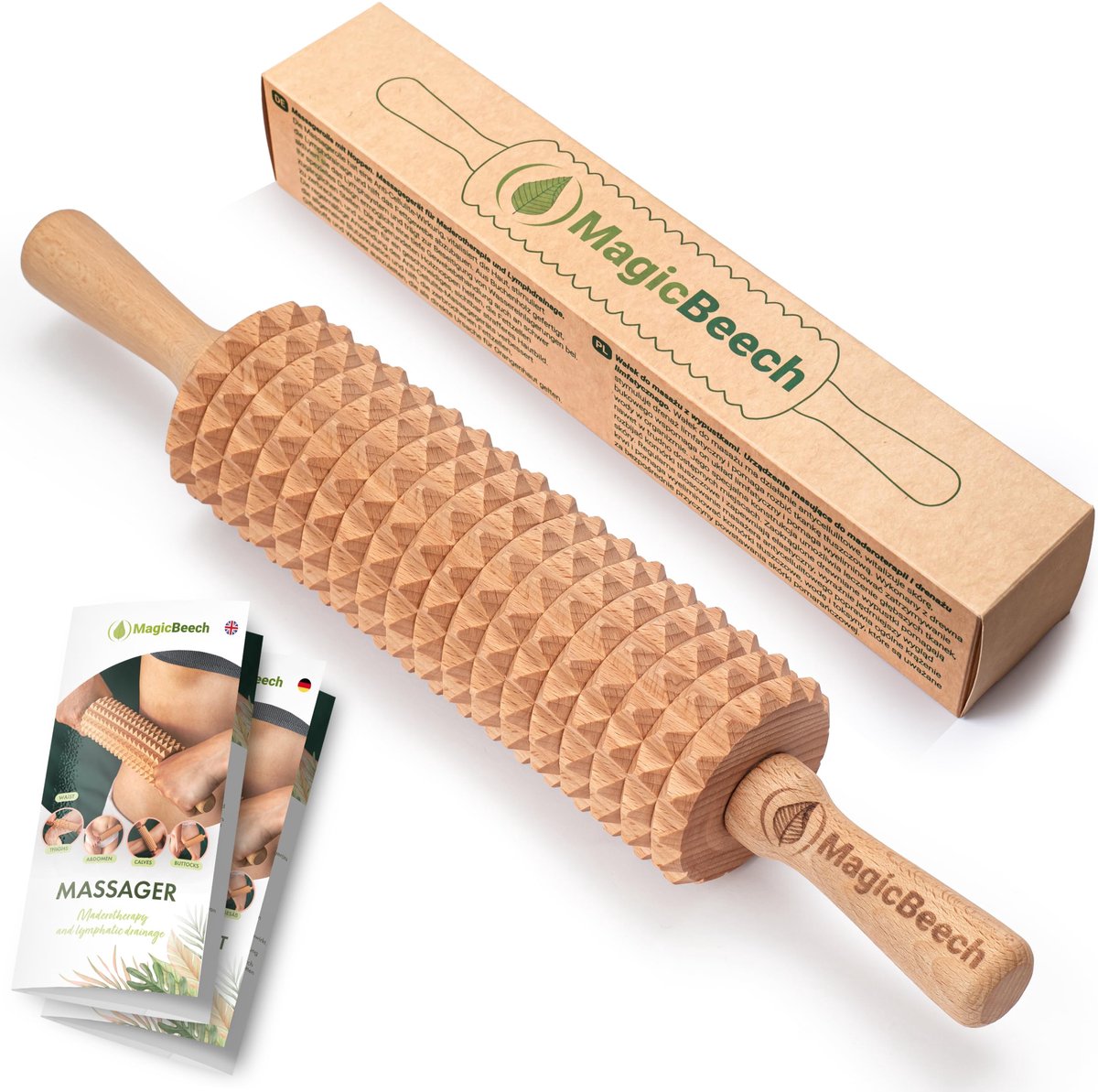 SnelShoppen - MagicBeech Massageroller 100% Beukenhout - Houten Massagerol met Handvat - Massageapparaat tegen Cellulitis - Maderotherapie en Lymfedra