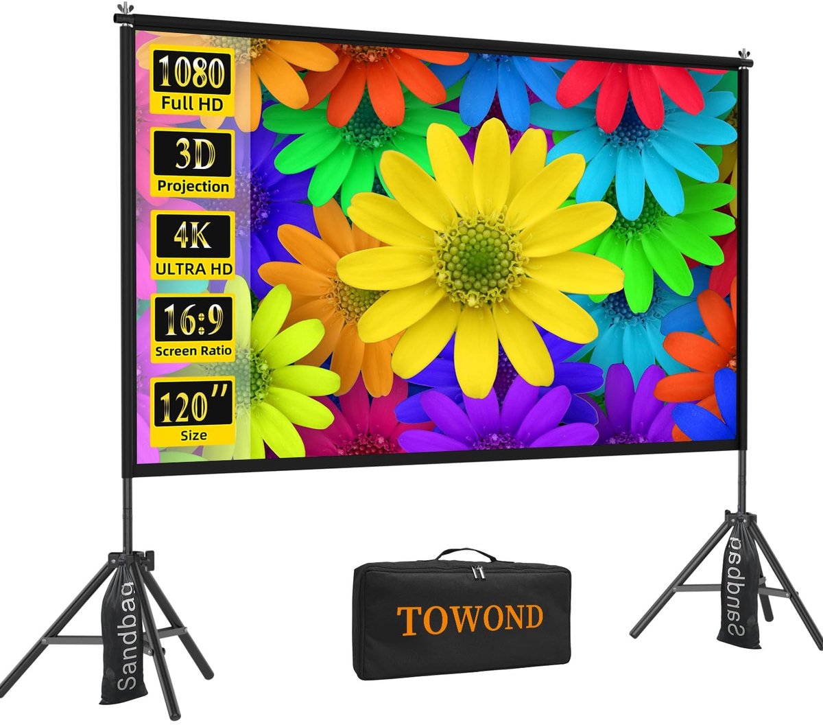 SnelShoppen - 120 inch Projectorscherm en Standaard, 16:9 HD Draagbaar Verstelbaar Projectiescherm voor Binnen en Buiten, Ideaal voor Tuin, Camping, F
