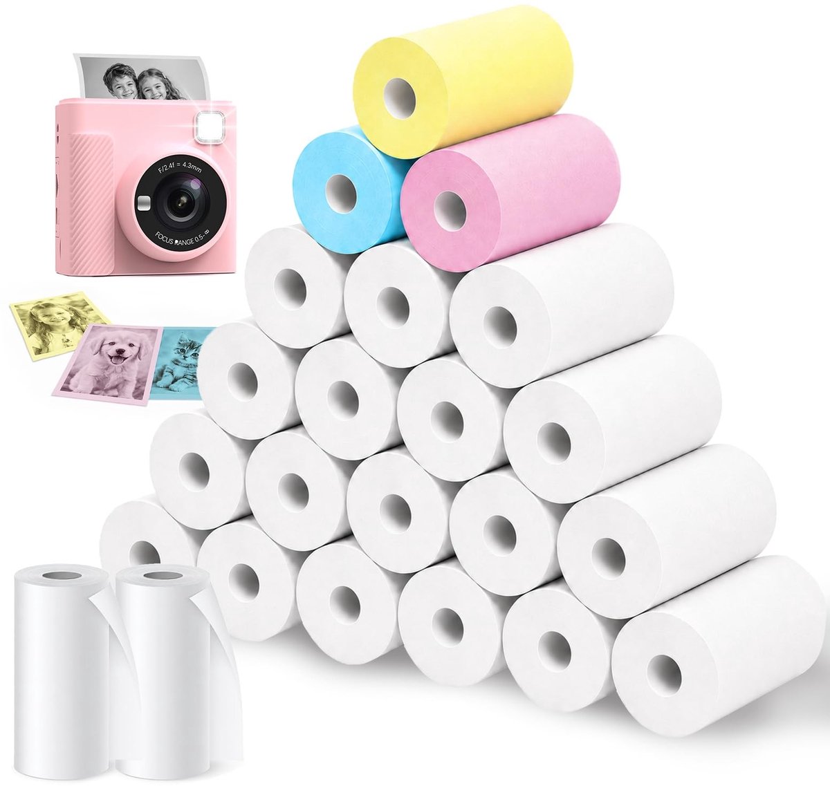 Dailygoods- Thermisch Papier 23 Rollen - 20 Witte/3 Gekleurde - BPA-vrij - Scheurvast/Krasbestendig - Milieuvriendelijk - Voor Kindercamera's - Printpapier