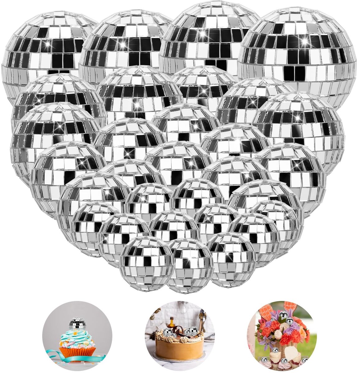 Dailygoods- Discoballen Set 32 Stuks - Mini Discoballen Decoratie - Taartdecoratie - Glanzende Taart Toppers - Zilverkleurig - Hoogwaardige Spiegelontwerp