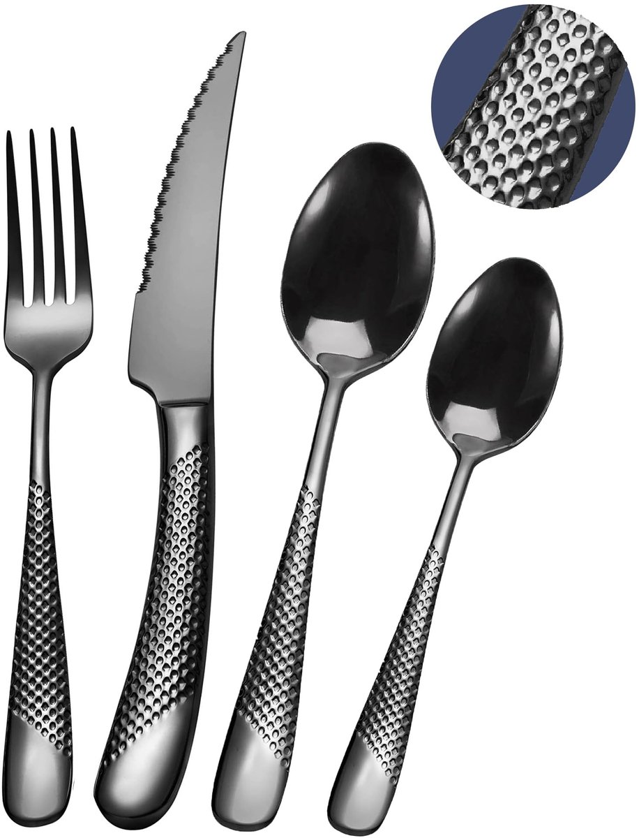 Dailygoods - 24-delige Moderne Hammered Bestekset in Zwart voor 6 Personen