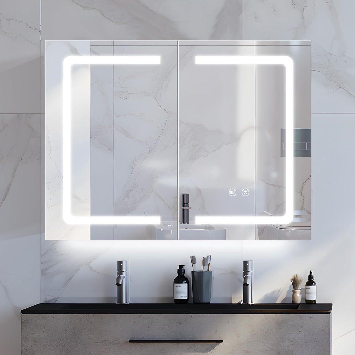 SnelShoppen - Zwarte Badkamerspiegelkast met LED-verlichting, 80x60 cm, Wandgemonteerd, Dimbaar, Met Geheugenfunctie, Scheerapparaat Stopcontact, Flex