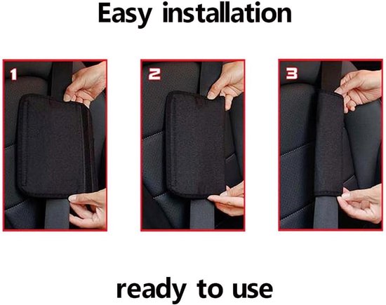 Drie stappen genaamd Easy installation en ready te use die het bevestigen van de gordelhoes tonen.