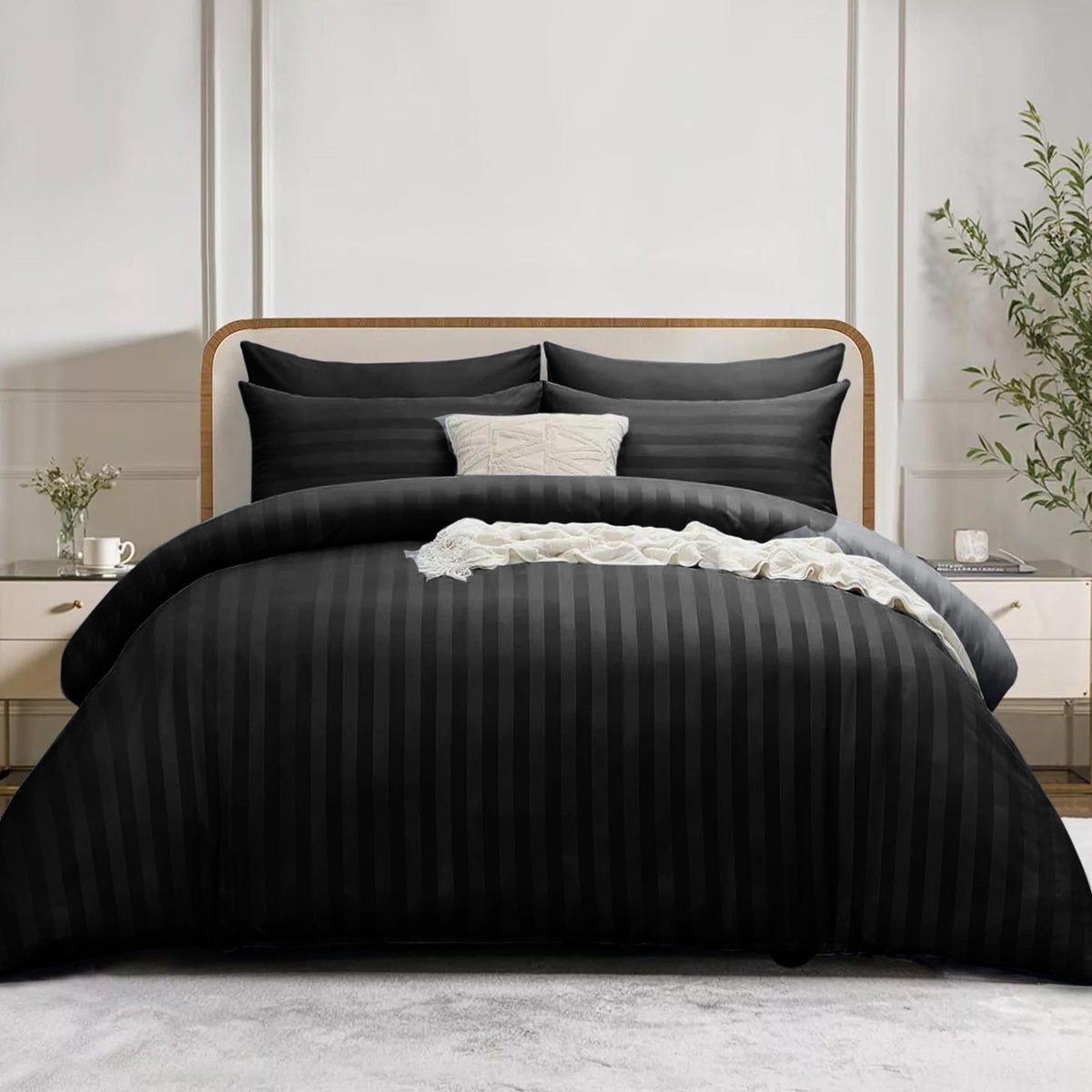 SnelShoppen - Tweepersoons dekbedovertrekset premium hotelkwaliteit geborsteld microvezel satijn zwart 200 x 200 cm met kussenslopen, hypoallergeen en
