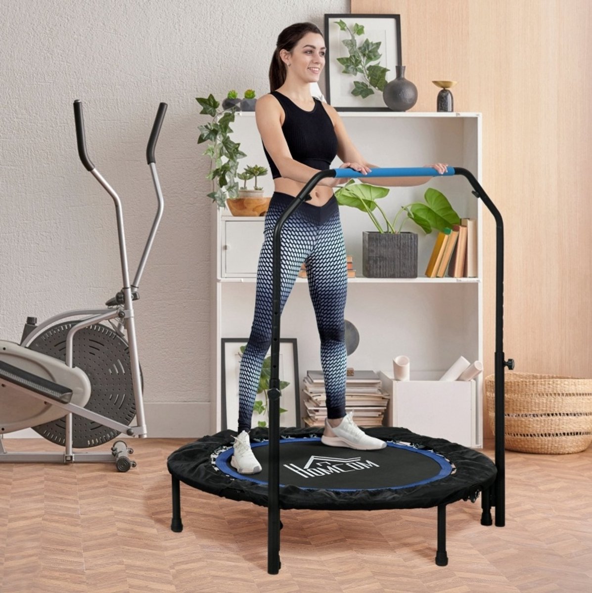 MIVRAY Fitnesstrampoline – Verstelbare Handgreep – Ø102 Cm, 99-123 Cm Hoogte – Kunststof – Zwart/Blauw – Binnen En Buiten