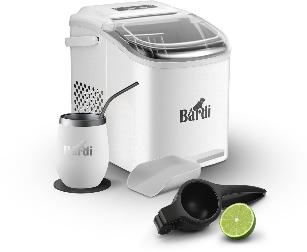 Bardi Deluxe IJsblokjesmachine Set 1,2 Liter - 12KG IJsblokjes in 24 uur - met IJsschep - Inclusief 1 Luxe Thermosbeker en Ijsschep - Wit - Citruspers Zwart