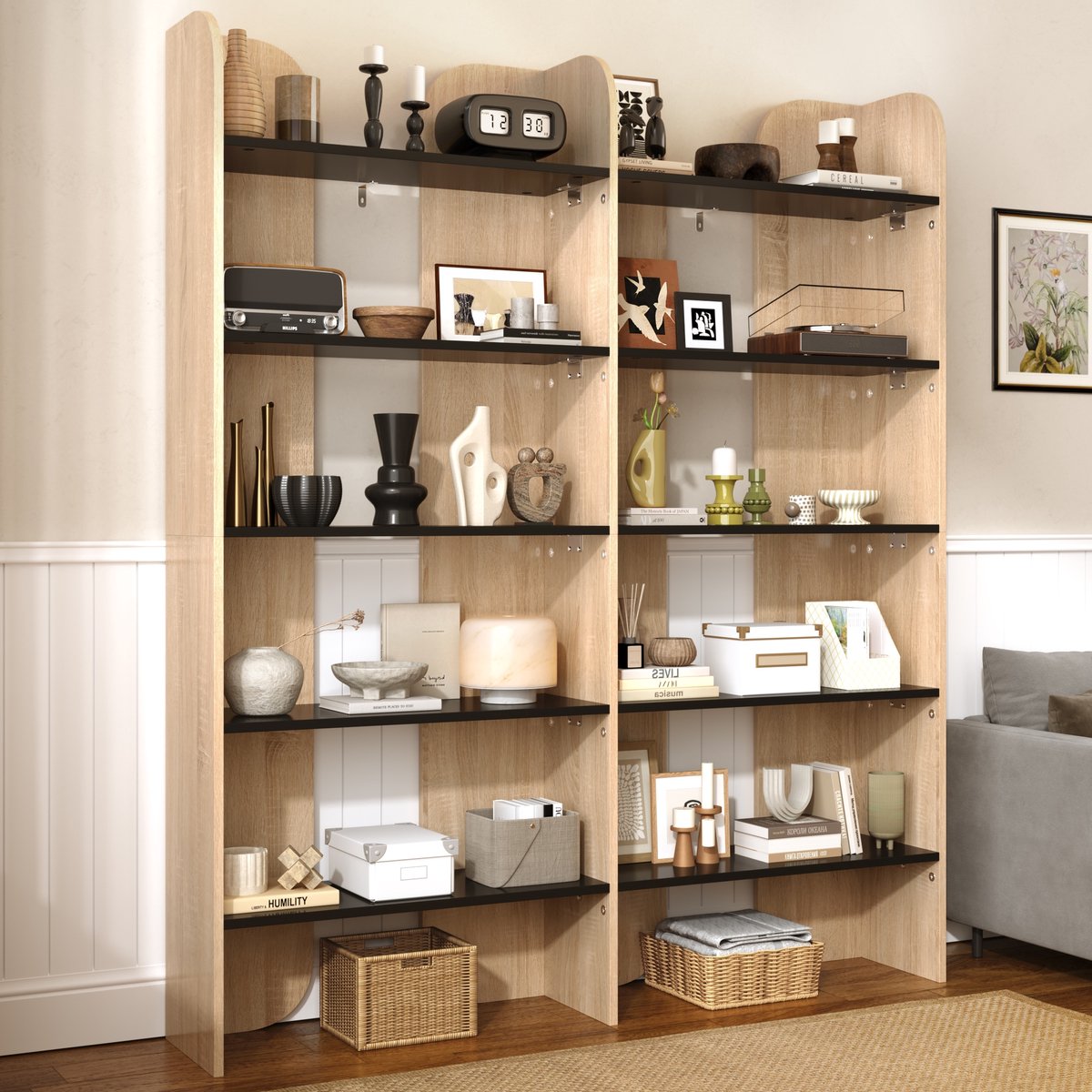 PHOEBE CAT Boekenplank - Boekenkast - 5 planken - Open vitrinekast - 160 cm hoog - Natuurlijke + Zwart