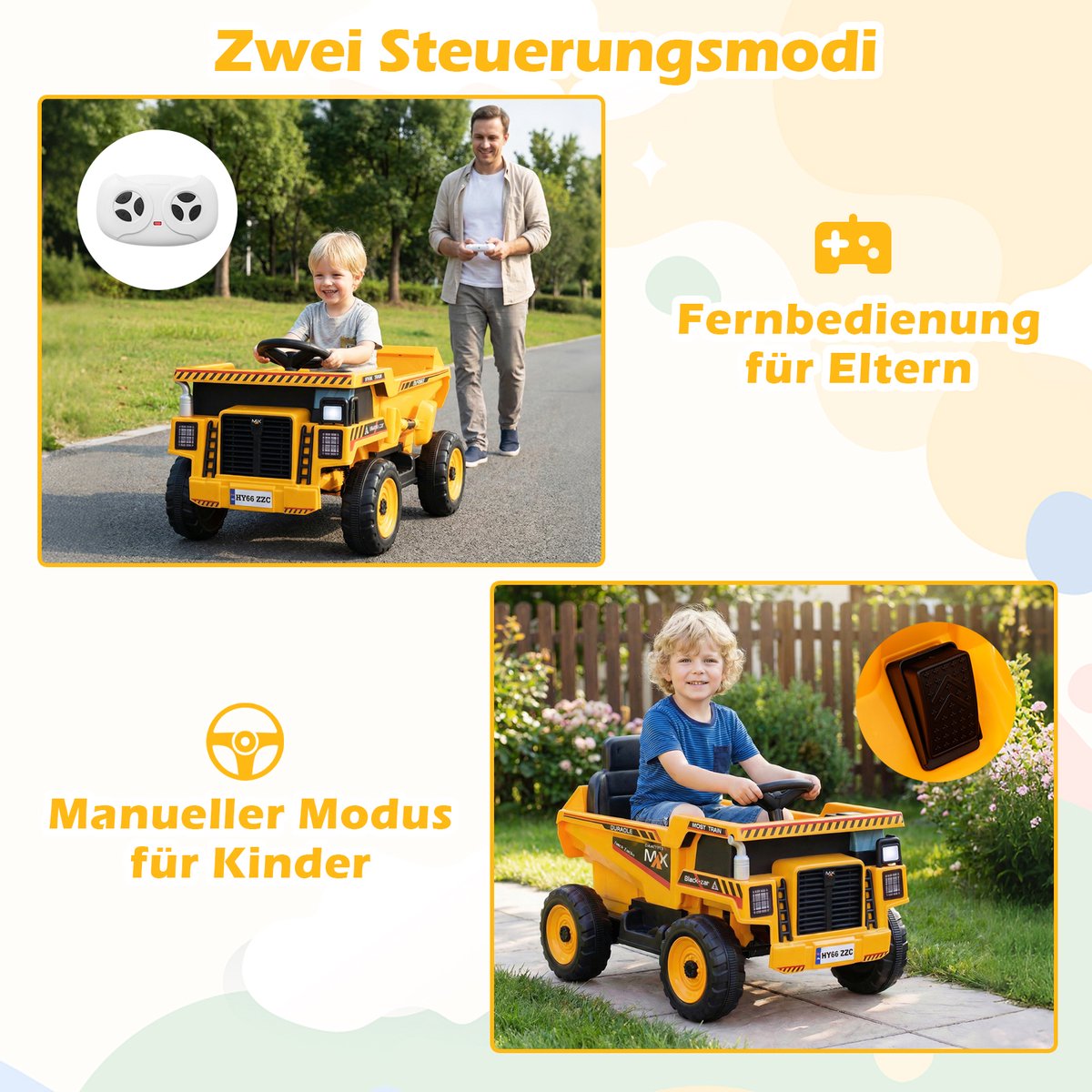COSTWAY Elektrische kinderauto, 24 V, elektrische kinderauto met kantelbak, schep en afstandsbediening, elektrisch voertuig met koplamp, muziek en claxon, kiepwagen voor kinderen vanaf 3 jaar